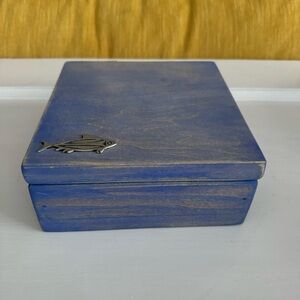 Artisan Made Primitive Style Blue Stained Wood Box, Pewter Fish, Leather hinges